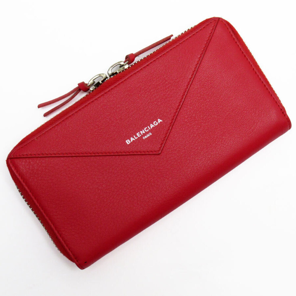 Balenciaga Paper Continental round zip wallet red silver leather